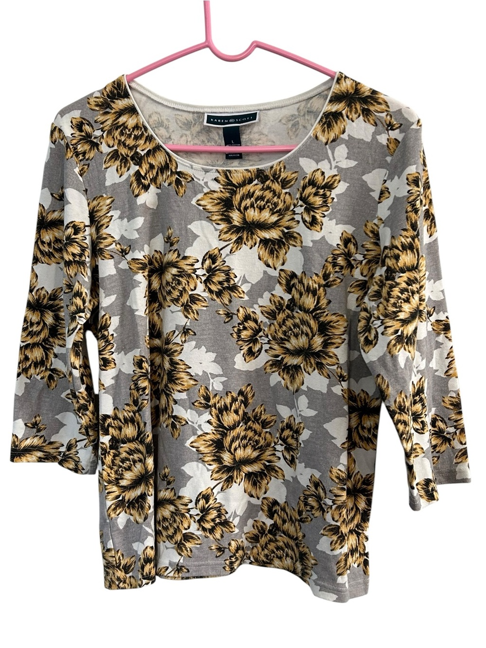 Mustard Gold Floral Rose Print 3/4 Sleeve Knit Top Grandmacore L